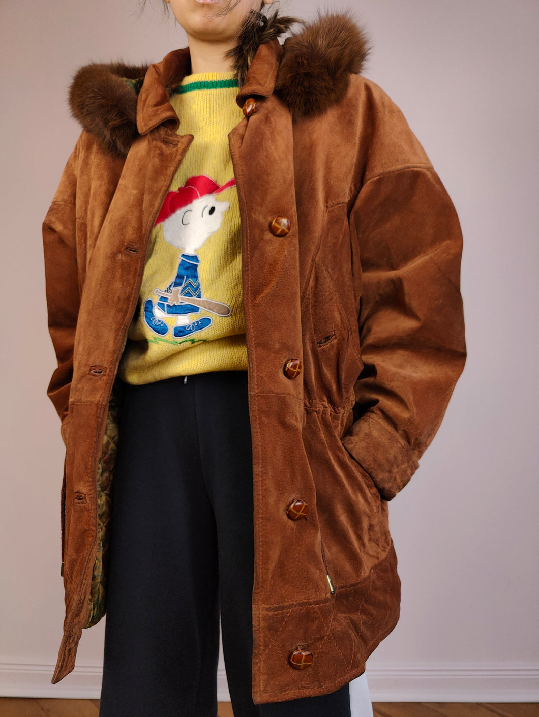 Die braune Wildleder-Hoodie-Jacke | Vintage echter Wildleder-Flauschpelz-Kapuzenpullover, gepolsterter Mantel M