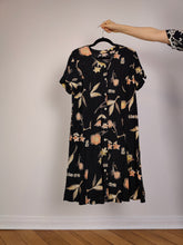 Load image into Gallery viewer, The Black Beige Floral Dress | Vintage flower print pattern midi long short sleeve A-line dress S-M
