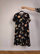 Load image into Gallery viewer, The Black Beige Floral Dress | Vintage flower print pattern midi long short sleeve A-line dress S-M
