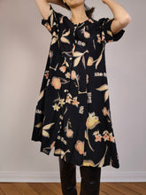 Load image into Gallery viewer, The Black Beige Floral Dress | Vintage flower print pattern midi long short sleeve A-line dress S-M
