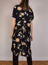 Load image into Gallery viewer, The Black Beige Floral Dress | Vintage flower print pattern midi long short sleeve A-line dress S-M
