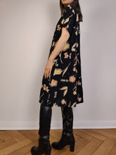 Load image into Gallery viewer, The Black Beige Floral Dress | Vintage flower print pattern midi long short sleeve A-line dress S-M
