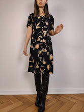 Load image into Gallery viewer, The Black Beige Floral Dress | Vintage flower print pattern midi long short sleeve A-line dress S-M
