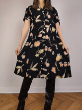 Load image into Gallery viewer, The Black Beige Floral Dress | Vintage flower print pattern midi long short sleeve A-line dress S-M
