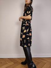 Load image into Gallery viewer, The Black Beige Floral Dress | Vintage flower print pattern midi long short sleeve A-line dress S-M
