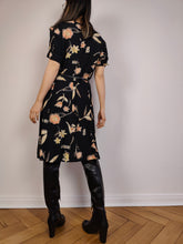 Load image into Gallery viewer, The Black Beige Floral Dress | Vintage flower print pattern midi long short sleeve A-line dress S-M
