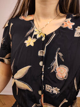Load image into Gallery viewer, The Black Beige Floral Dress | Vintage flower print pattern midi long short sleeve A-line dress S-M
