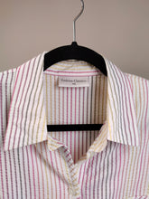 Lade das Bild in den Galerie-Viewer, Das weiß-rosa gestreifte Hemd | Vintage Bluse Regenbogen Streifen Muster Kurzarm Frau Damen Damen 40 M

