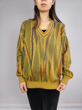 Load image into Gallery viewer, The Yellow Green Pattern Sweater | Vintage knit knitted sweater pullover jumper V-neck print pattern sage mustard women men unisex M

