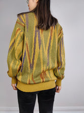 Load image into Gallery viewer, The Yellow Green Pattern Sweater | Vintage knit knitted sweater pullover jumper V-neck print pattern sage mustard women men unisex M
