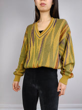 Load image into Gallery viewer, The Yellow Green Pattern Sweater | Vintage knit knitted sweater pullover jumper V-neck print pattern sage mustard women men unisex M
