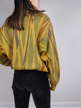Load image into Gallery viewer, The Yellow Green Pattern Sweater | Vintage knit knitted sweater pullover jumper V-neck print pattern sage mustard women men unisex M
