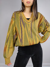 Load image into Gallery viewer, The Yellow Green Pattern Sweater | Vintage knit knitted sweater pullover jumper V-neck print pattern sage mustard women men unisex M
