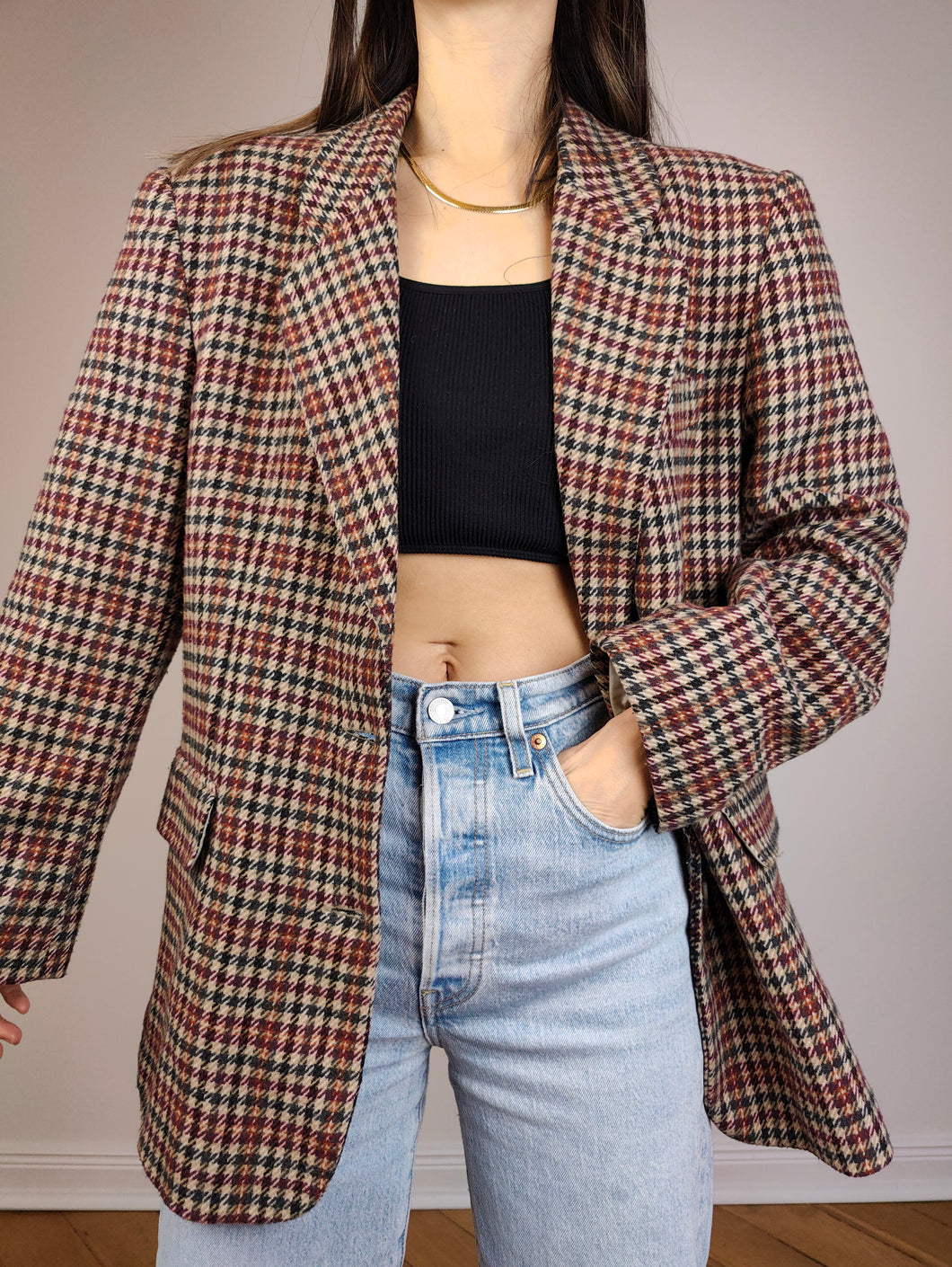 The Wool Chestnut Check Blazer | Vintage wool mix checkered pattern plaid brown red jacket Italian IT48 M