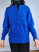 Load image into Gallery viewer, The Electric Blue Wool Cardigan | Vintage wool mix knit knitted jacket baroque floral pattern sweater S-M
