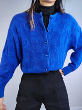 Load image into Gallery viewer, The Electric Blue Wool Cardigan | Vintage wool mix knit knitted jacket baroque floral pattern sweater S-M
