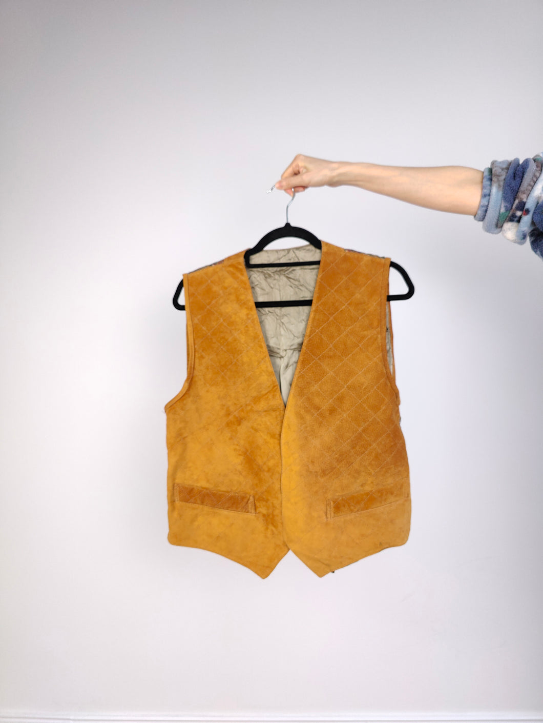 The Tan Leather Baroque Vest | Vintage brown orange baroque pattern quilted suede sleeveless waistcoat M