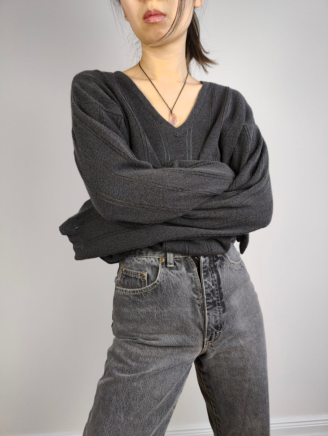 The Armani Jeans Grey Sweater | Vintage designer Armani Jeans cotton mix knit knitted pullover jumper gray V-neck Italian unisex men women M-L