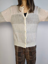Load image into Gallery viewer, The Mohair Wool White Cardigan | Vintage Maglieria superkid mohair wool mix knit knitted jacket white cream pink stripe pattern M
