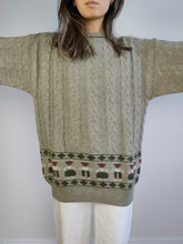 Load image into Gallery viewer, The Wool Sage Cable Knit Sweater | Vintage Iceland wool mix sweater jumper pullover cable knit khaki green pattern made in Italy women men unisex M-L
