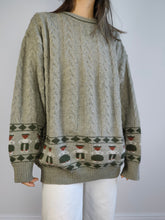 Load image into Gallery viewer, The Wool Sage Cable Knit Sweater | Vintage Iceland wool mix sweater jumper pullover cable knit khaki green pattern made in Italy women men unisex M-L
