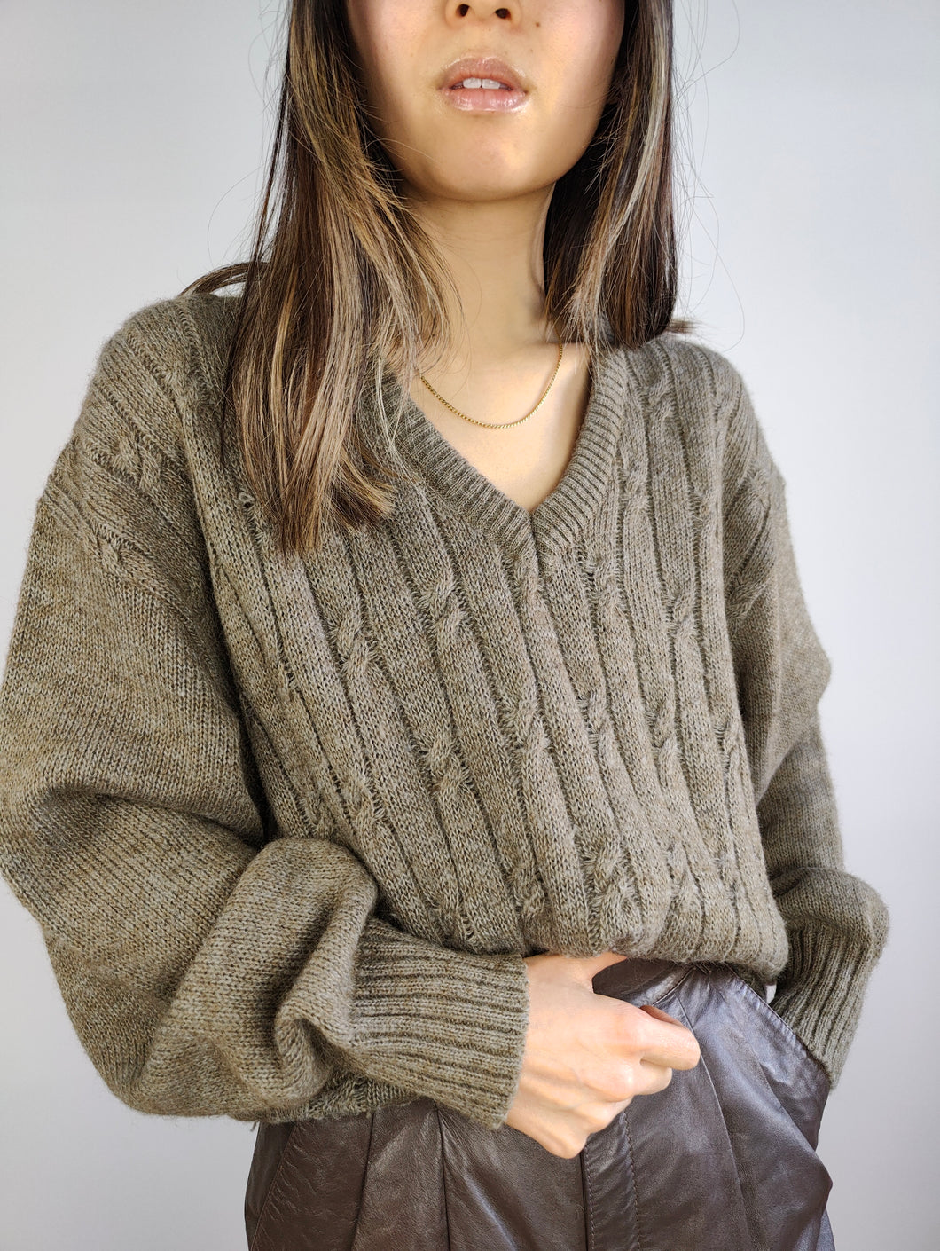 The Wool Brown Cable Knit Sweater | Vintage wool mix jumper pullover cable knit brown grey women men unisex M