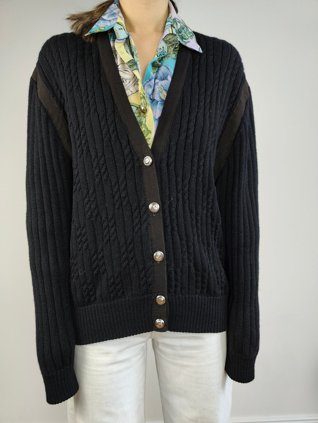 The Black Thick Cardigan Jacket | Vintage plain black knit knitted sweater jacket M