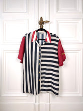 Load image into Gallery viewer, The Silk American Flag Shirt | Vintage Lady Rene stripe stripes stars embroidery print pattern short sleeve man woman unisex M-L
