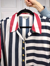 Load image into Gallery viewer, The Silk American Flag Shirt | Vintage Lady Rene stripe stripes stars embroidery print pattern short sleeve man woman unisex M-L
