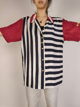 Load image into Gallery viewer, The Silk American Flag Shirt | Vintage Lady Rene stripe stripes stars embroidery print pattern short sleeve man woman unisex M-L
