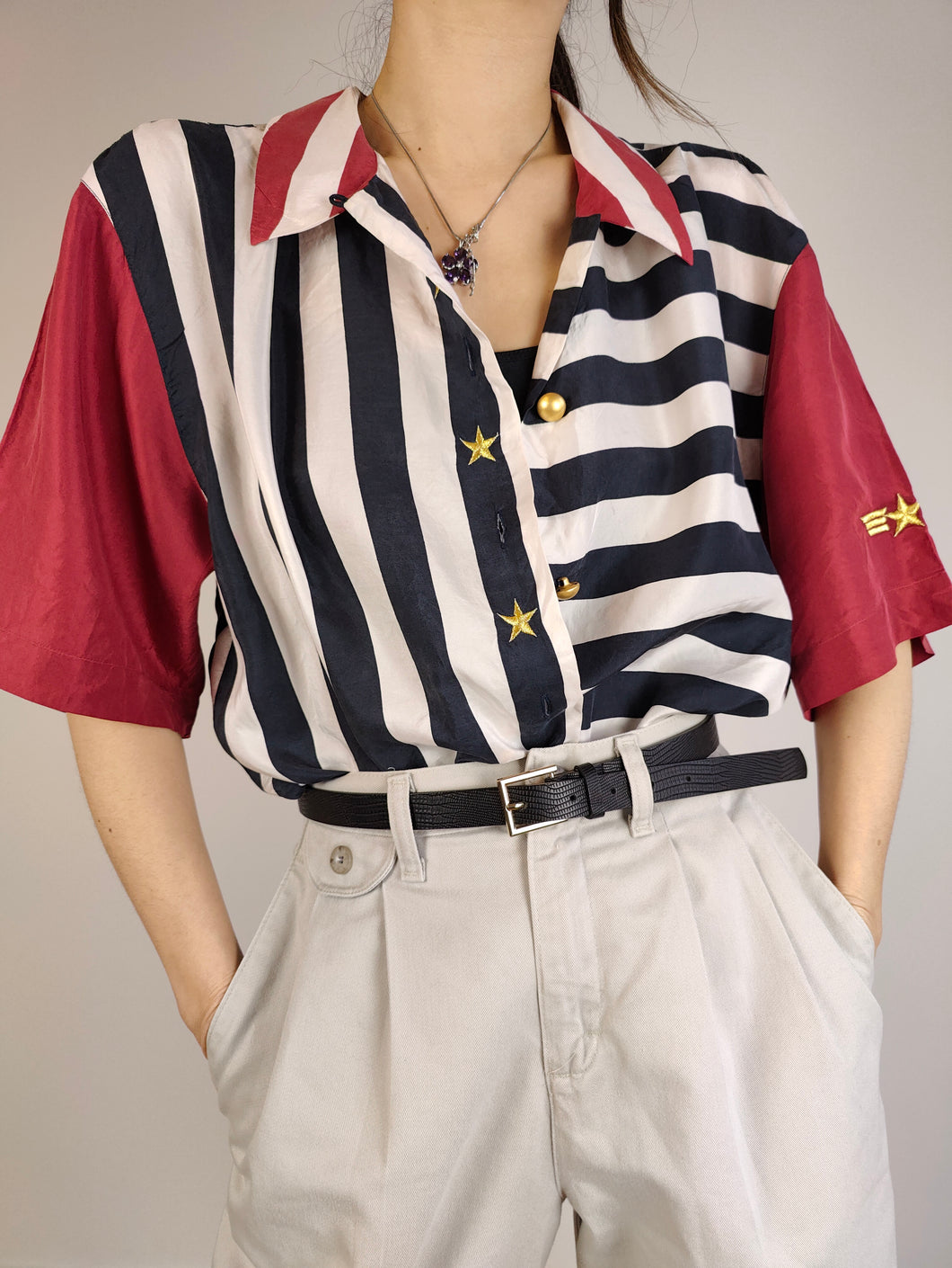 The Silk American Flag Shirt | Vintage Lady Rene stripe stripes stars embroidery print pattern short sleeve man woman unisex M-L