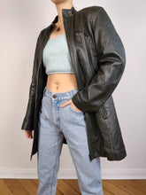 Load image into Gallery viewer, The Nappa Leather Green Black Coat | Vintage real lamb leather mid length straight jacket dark green black made in Italy 46 S
