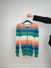 Load image into Gallery viewer, The Wool Mix Rainbow Knit Cardigan | Vintage knitted sweater jacket pastel blue pink green white stripe pattern crochet light spring summer women XS
