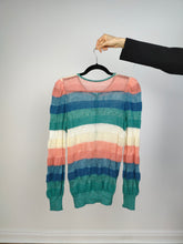 Load image into Gallery viewer, The Wool Mix Rainbow Knit Cardigan | Vintage knitted sweater jacket pastel blue pink green white stripe pattern crochet light spring summer women XS
