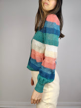 Load image into Gallery viewer, The Wool Mix Rainbow Knit Cardigan | Vintage knitted sweater jacket pastel blue pink green white stripe pattern crochet light spring summer women XS
