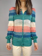 Load image into Gallery viewer, The Wool Mix Rainbow Knit Cardigan | Vintage knitted sweater jacket pastel blue pink green white stripe pattern crochet light spring summer women XS
