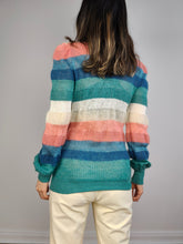 Load image into Gallery viewer, The Wool Mix Rainbow Knit Cardigan | Vintage knitted sweater jacket pastel blue pink green white stripe pattern crochet light spring summer women XS
