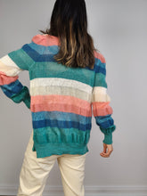 Load image into Gallery viewer, The Wool Mix Rainbow Knit Cardigan | Vintage knitted sweater jacket pastel blue pink green white stripe pattern crochet light spring summer women XS
