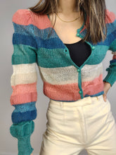 Load image into Gallery viewer, The Wool Mix Rainbow Knit Cardigan | Vintage knitted sweater jacket pastel blue pink green white stripe pattern crochet light spring summer women XS
