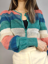 Load image into Gallery viewer, The Wool Mix Rainbow Knit Cardigan | Vintage knitted sweater jacket pastel blue pink green white stripe pattern crochet light spring summer women XS

