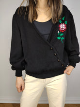 Load image into Gallery viewer, The Black Embroidered Rose Sweater | Vintage jumper pullover embroidery floral flower red wrap-over cardigan S
