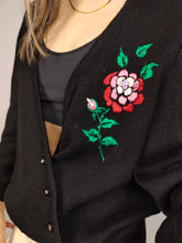 Load image into Gallery viewer, The Black Embroidered Rose Sweater | Vintage jumper pullover embroidery floral flower red wrap-over cardigan S
