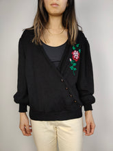 Load image into Gallery viewer, The Black Embroidered Rose Sweater | Vintage jumper pullover embroidery floral flower red wrap-over cardigan S
