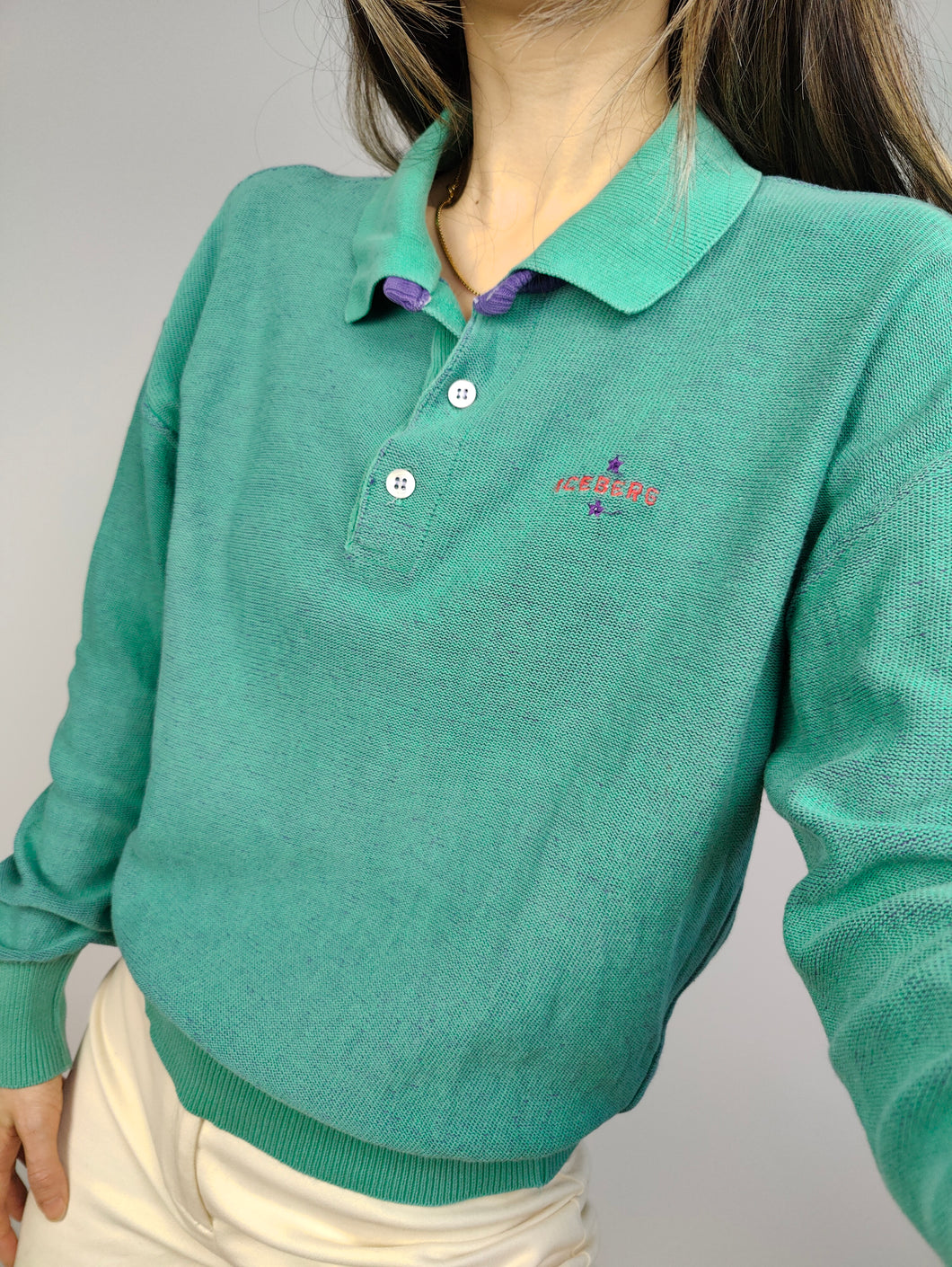 The JC De Castelbajac Iceberg Mint Polo | Vintage JC De Castelbajac Iceberg designer cotton knit sweater knitted jumper een knitted pullover green turquoise long sleeve 3 S