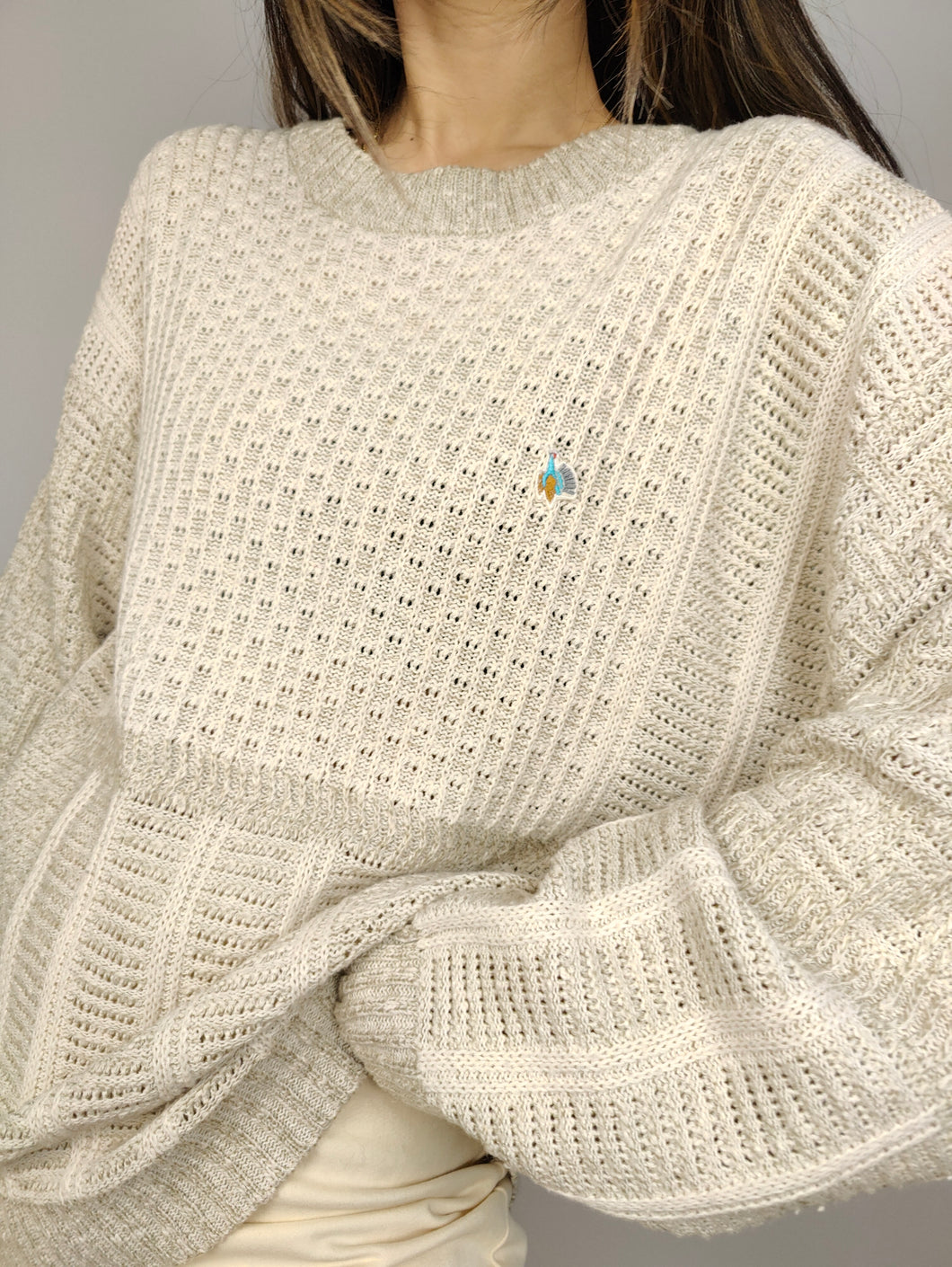 The Cream Crochet Peacock Pullover | Vintage cotton wool mix sweater jumper plain men women unisex beige off white ivory L