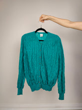 Load image into Gallery viewer, The Mohair Wool Turquoise Cardigan | Vintage Luciana plain blue green cable knit knitted jacket Luciana made in Italy M
