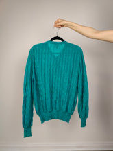 Load image into Gallery viewer, The Mohair Wool Turquoise Cardigan | Vintage Luciana plain blue green cable knit knitted jacket Luciana made in Italy M

