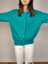 Load image into Gallery viewer, The Mohair Wool Turquoise Cardigan | Vintage Luciana plain blue green cable knit knitted jacket Luciana made in Italy M
