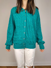 Load image into Gallery viewer, The Mohair Wool Turquoise Cardigan | Vintage Luciana plain blue green cable knit knitted jacket Luciana made in Italy M
