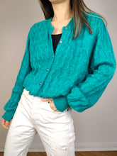 Load image into Gallery viewer, The Mohair Wool Turquoise Cardigan | Vintage Luciana plain blue green cable knit knitted jacket Luciana made in Italy M
